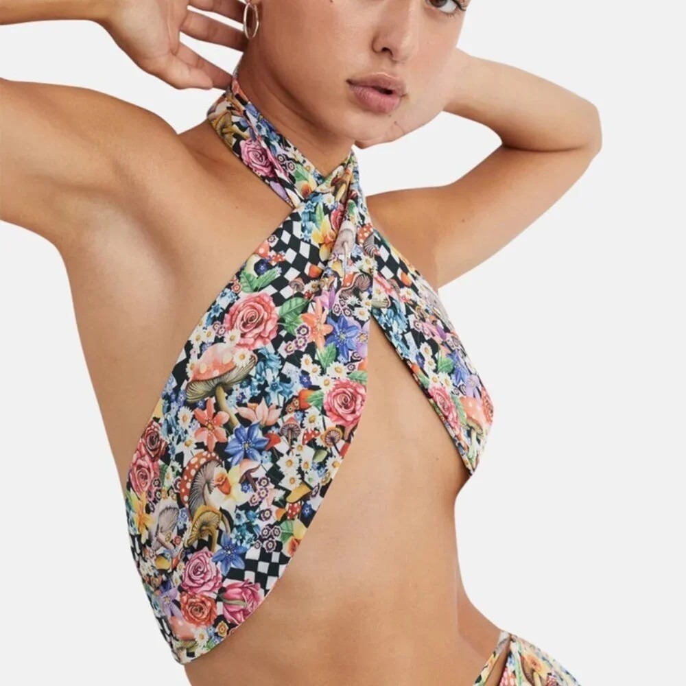 For Love & Lemons Deidre Halter Scarf Mushroom Floral Checkered Large NWT